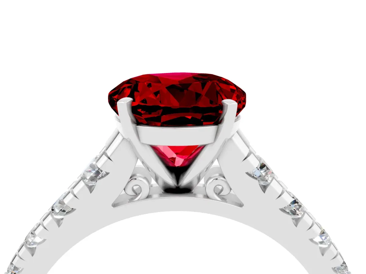 Round Cut Ruby Cathedral Solitaire Ring with Round Pavé Band White gold