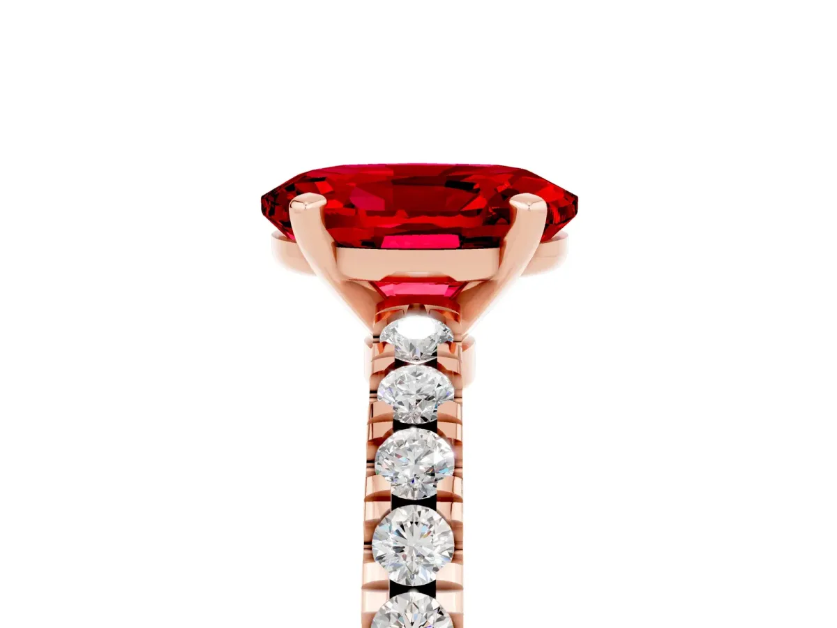 Oval Cut Solitaire Ruby with Pavé Band and Four-Prong Setting Rose gold