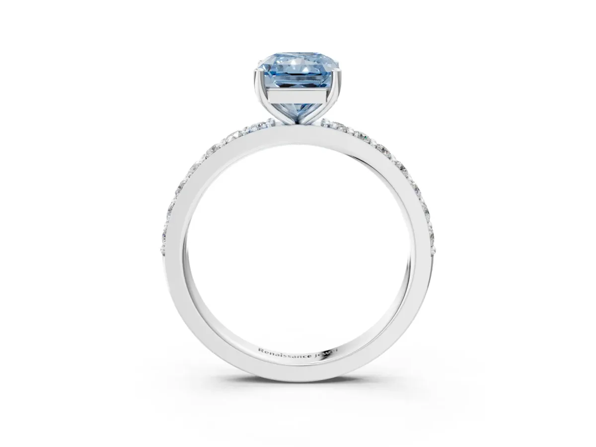 Fancy Blue Radiant Cut Cut Diamond Solitaire with Pave Band and Four-Prong Setting Platinum