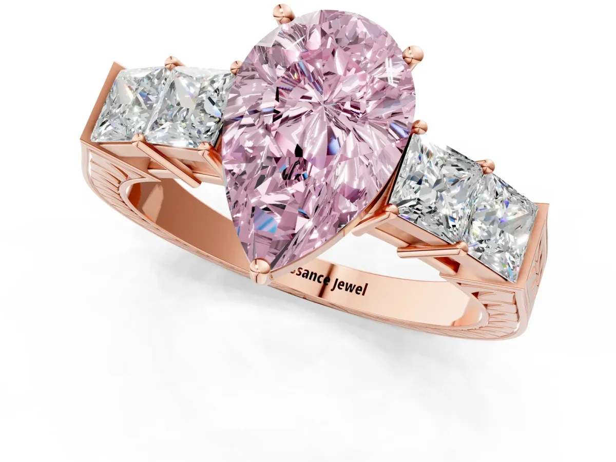 Fancy Pink Pear Cut Solitaire Princess Side Stone Engraved Band Prong Setting Ring Rose gold