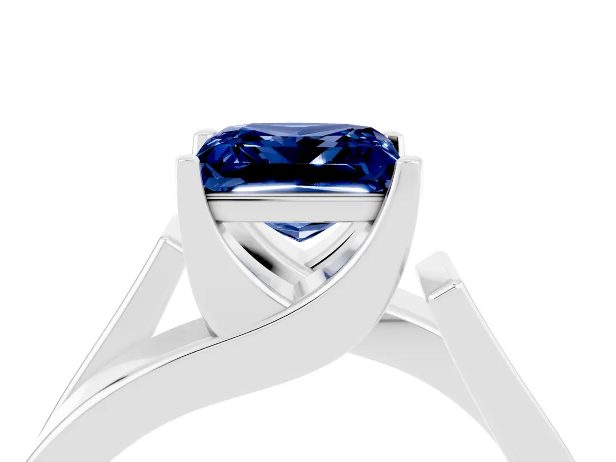 Modern Tension Set Princess Cut Blue Sapphire Solitaire Wide Band Ring Silver