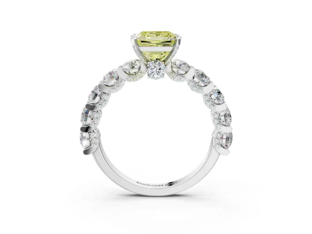 Fancy Yellow Princess Cut Diamond Side Stone Engagement Ring with Four-Prong Setting White gold