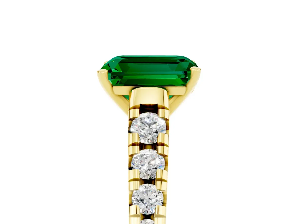 Emerald Cut Emerald Cathedral Solitaire Ring with Round Pavé Band Yellow gold