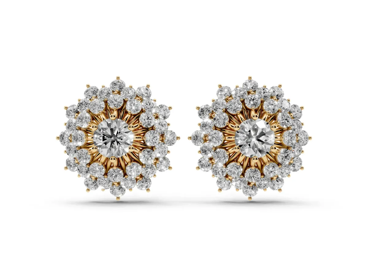Round Diamond Sunburst Stud Earrings Yellow gold