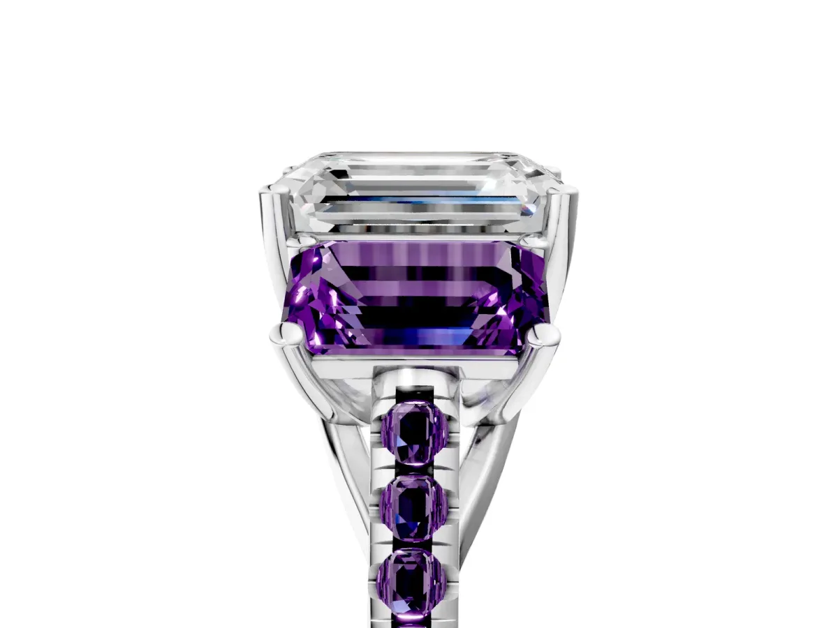 Three-Stone Emerald Cut Diamond Ring with Round Amethyst Pavé Band and Prong Setting Silver