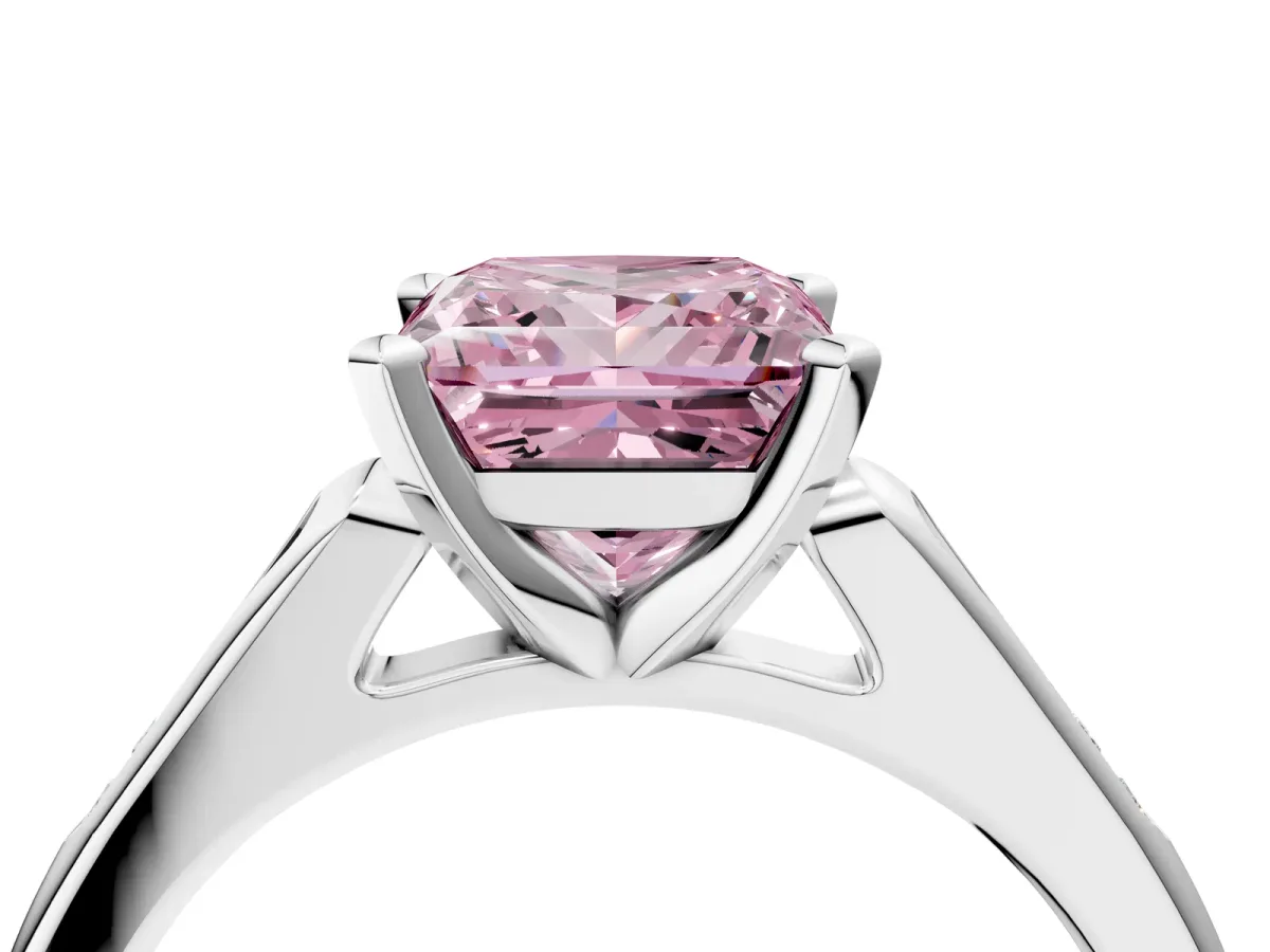 Fancy Pink Princess Cut Diamond Solitaire Ring with Channel Set Round Band and Prong Setting Silver