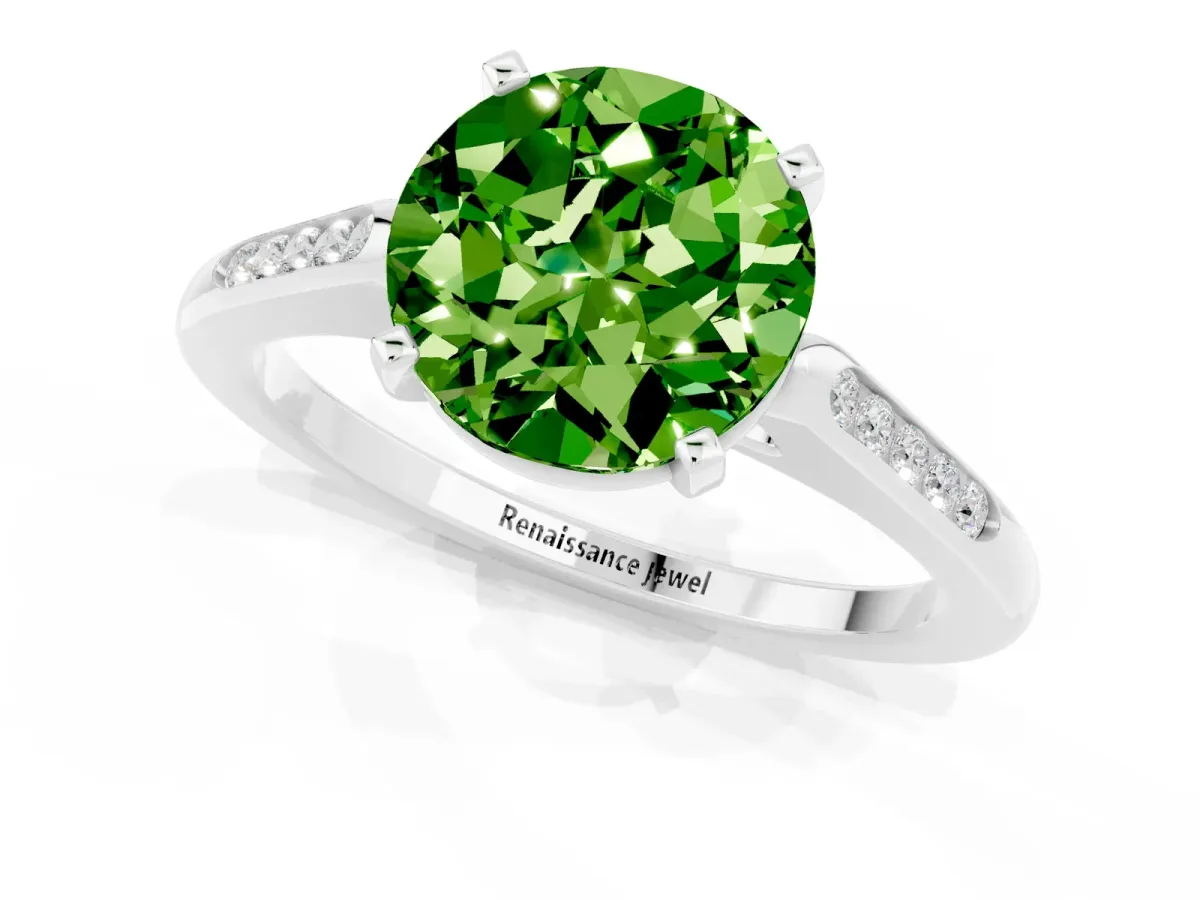 Round Cut Peridot Solitaire Ring with Channel Set Round Band and Prong Setting Platinum
