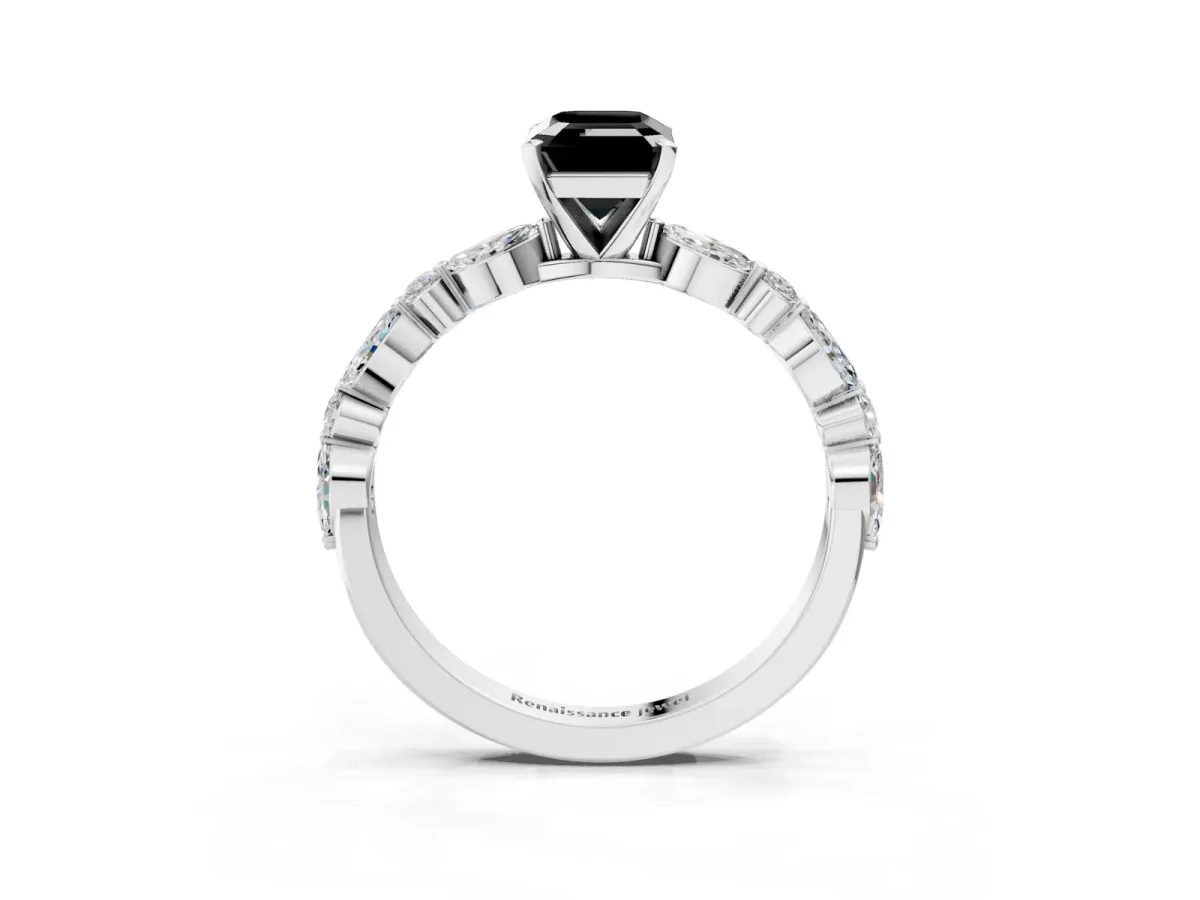 Fancy Black Emerald Cut Diamond Ring with Marquise and Round Side Stones and Four-Prong Setting Silver