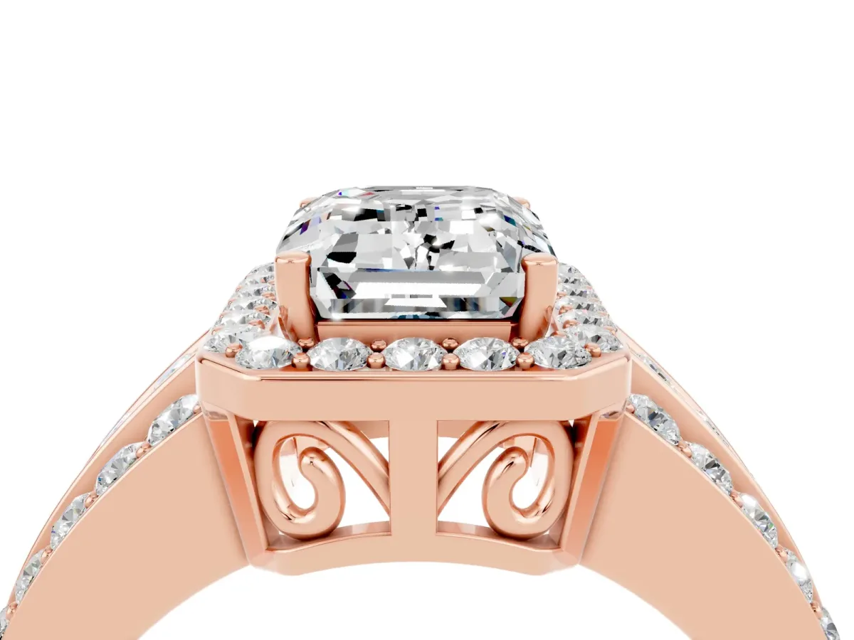 Emerald Cut Halo Moissanite Ring with Round Split Shank and Prong Setting Rose gold