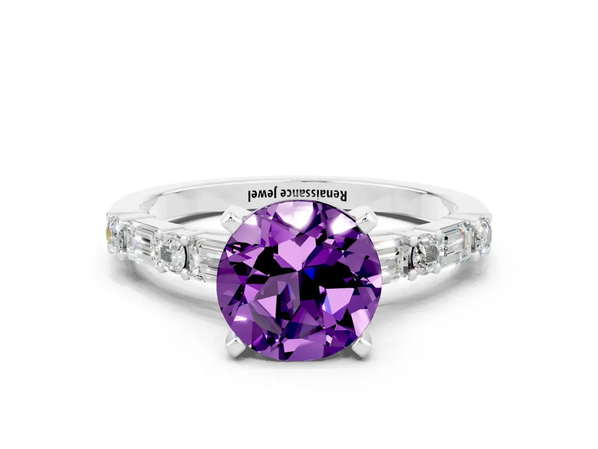 Round Cut Amethyst Solitaire with Side Baguettes and Channel Set Band Platinum