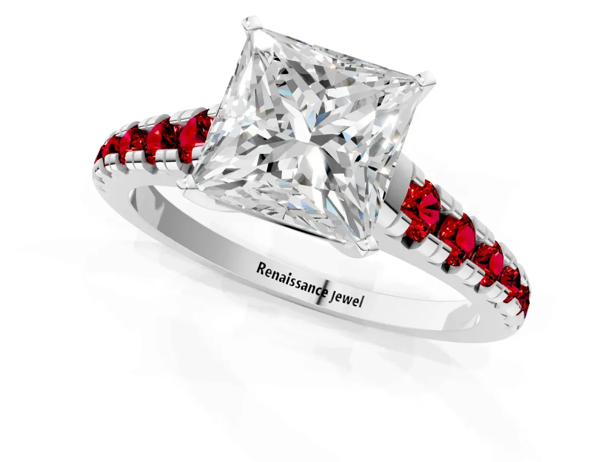 Princess Cut Diamond Cathedral Solitaire Ring with Round Ruby Pavé Band Platinum