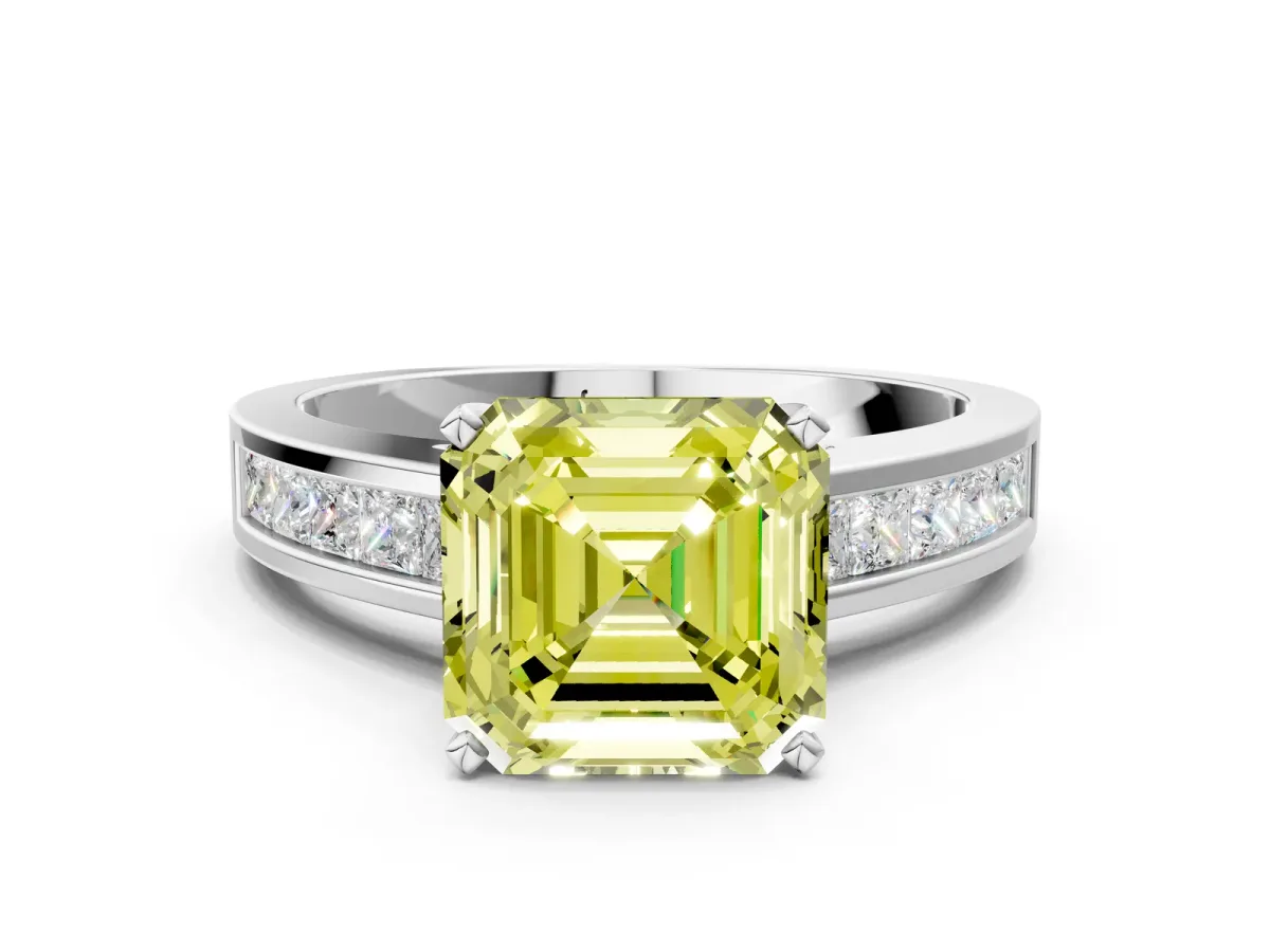 Fancy Yellow Asscher Cut Solitaire Diamond Ring with Channel-Set Band and Four-Prong Setting Platinum