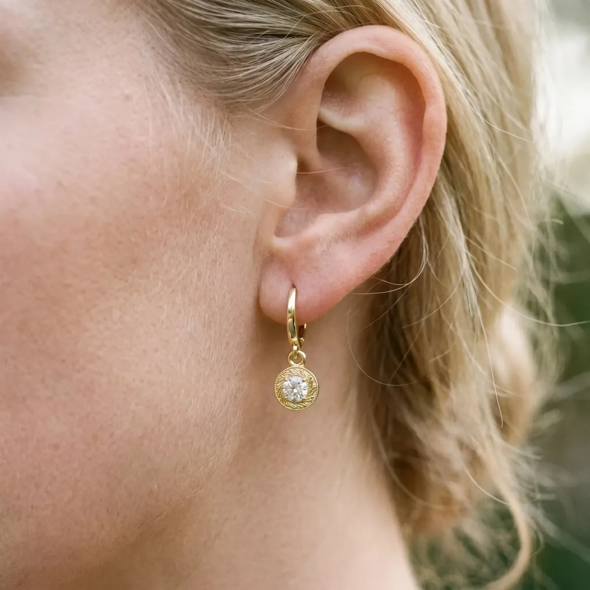 Round Cut Milgrain Bezel Set Leverback Earrings Yellow gold