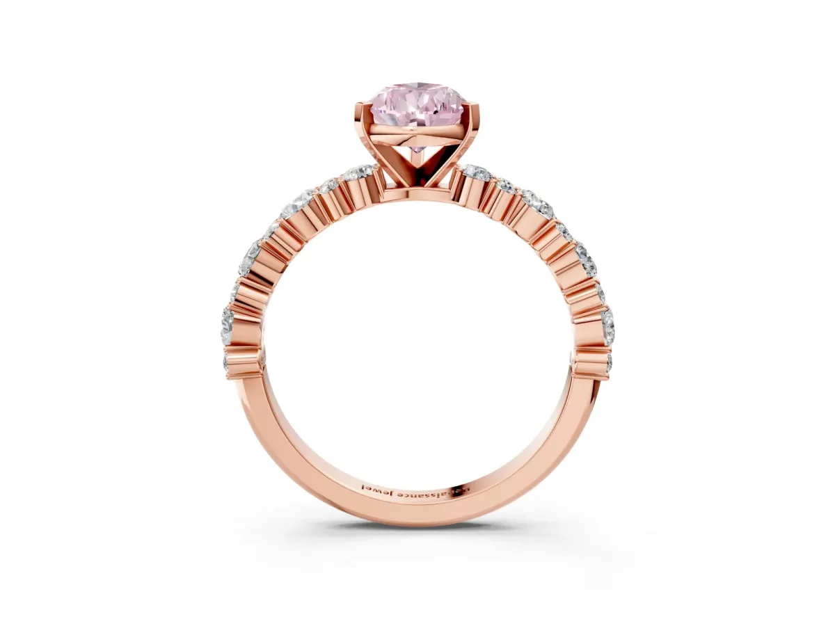 Fancy Pink Pear Cut Diamond Side Stone Solitaire Ring with Round and Four-Prong Setting Rose gold