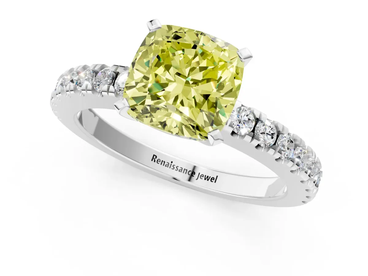 Fancy Yellow Cushion Cut Solitaire Diamond with Pavé Band and Four-Prong Setting Silver