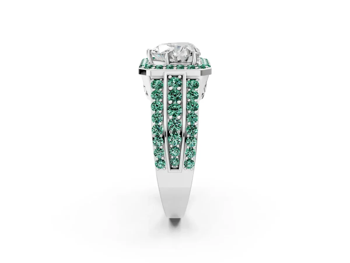 Heart Cut Halo Diamond Ring with Round Green Sapphire Split Shank and Prong Setting Silver