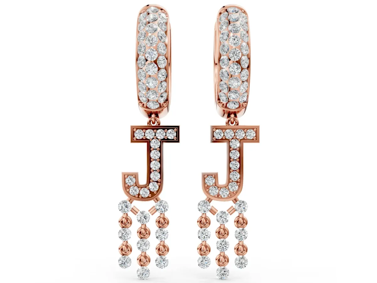 Round Diamond Initial J Huggie Hoop Earrings Rose gold