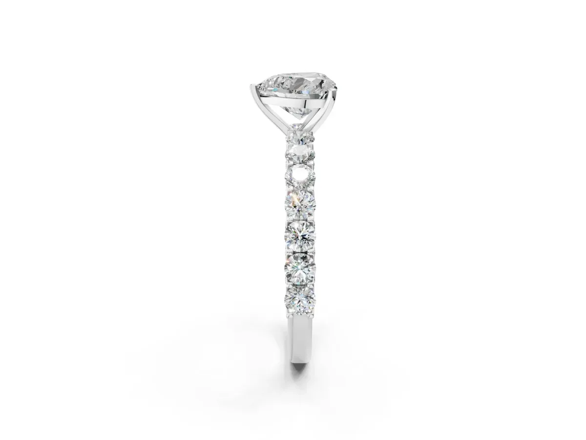Heart Cut Diamond Solitaire Ring with Shared Prong Pavé Band and Four-Prong Setting Silver