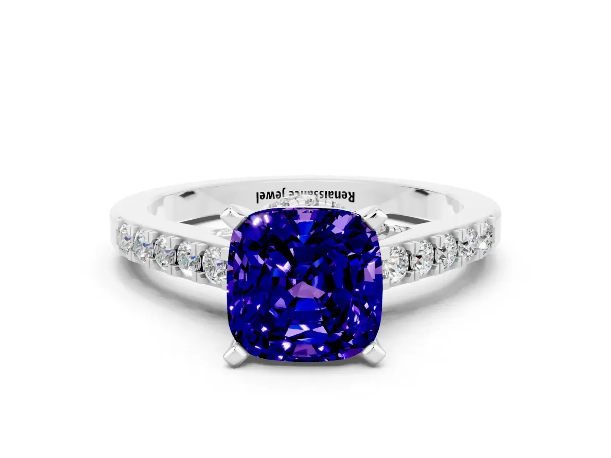 Cushion Cut Tanzanite Solitaire Ring with Crossover Gallery and Round Pavé Band Silver