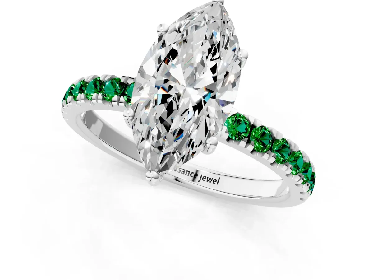 Marquise Cut Diamond Pave Band Solitaire Ring with Round Emerald and Prong Setting Silver