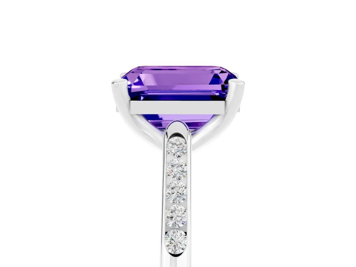 Emerald Cut Tanzanite Solitaire Ring with Channel Set Round Band and Prong Setting Silver