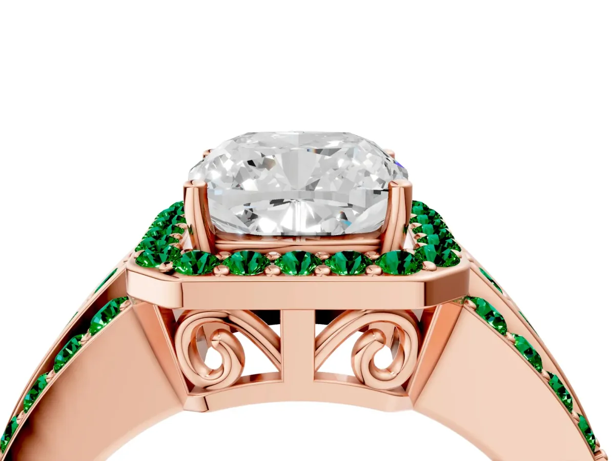 Cushion Cut Halo Diamond Ring with Round Emerald Split Shank and Prong Setting Rose gold