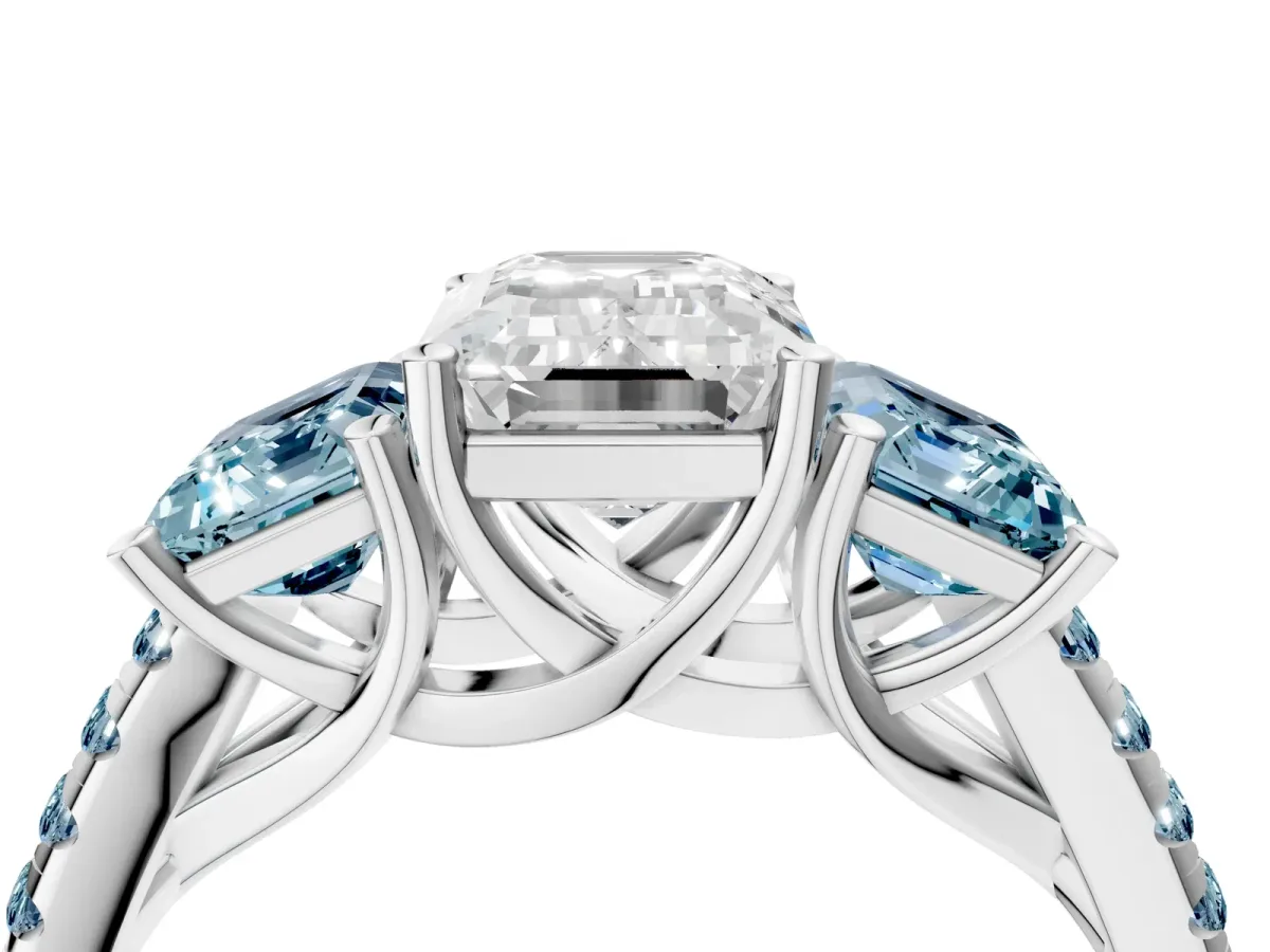 Three-Stone Emerald Cut Diamond Ring with Round Aquamarine Pavé Band and Prong Setting Silver