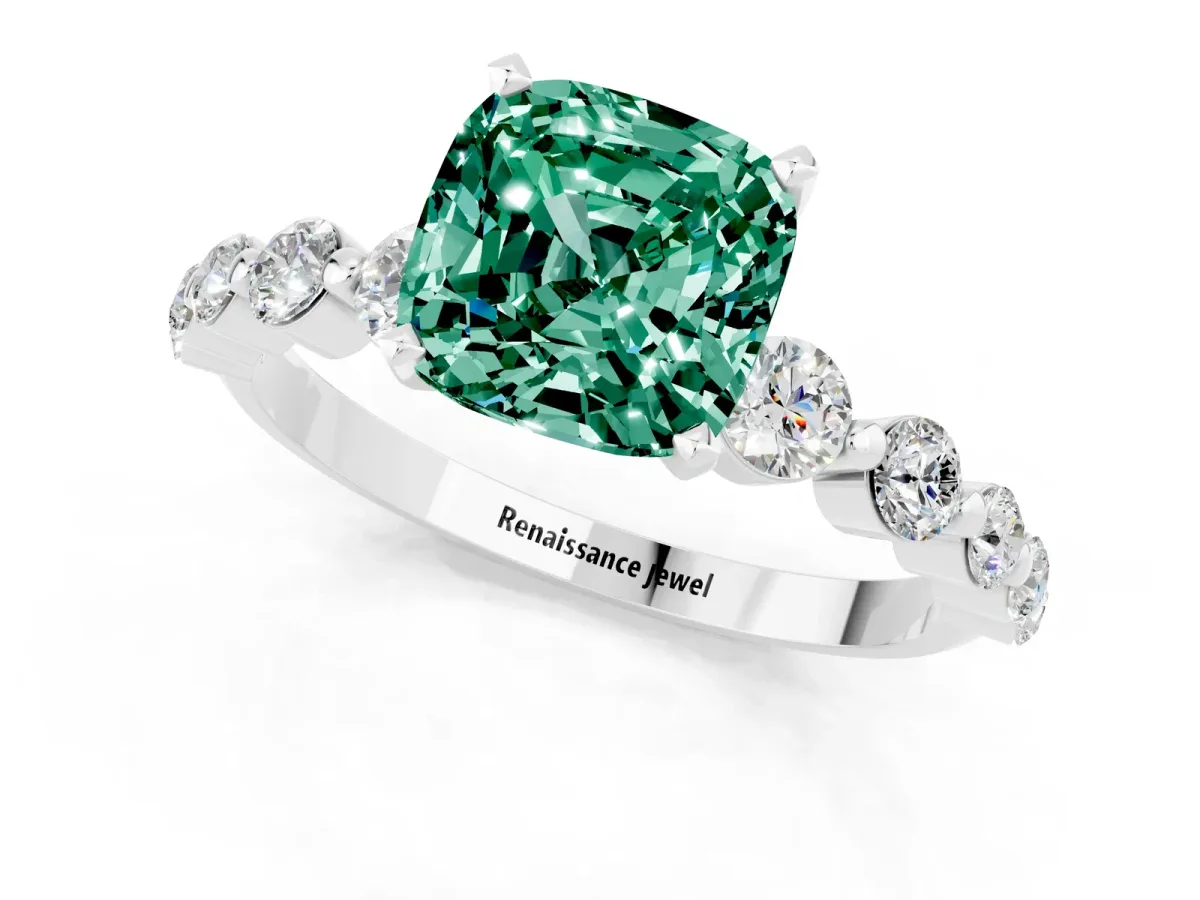 Cushion Cut Solitaire Green Sapphire Ring with Pave Band and Four-Prong Setting Silver