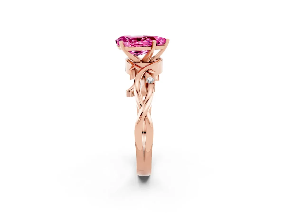 Pear Cut Pink Sapphire Solitaire Ring with Twisted Band and Prong Setting Rose gold