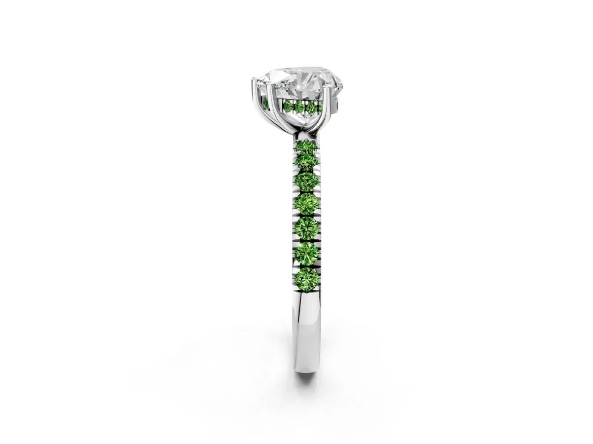Heart Cut Diamond Pave Band Solitaire Ring with Round Peridot and Prong Setting Platinum