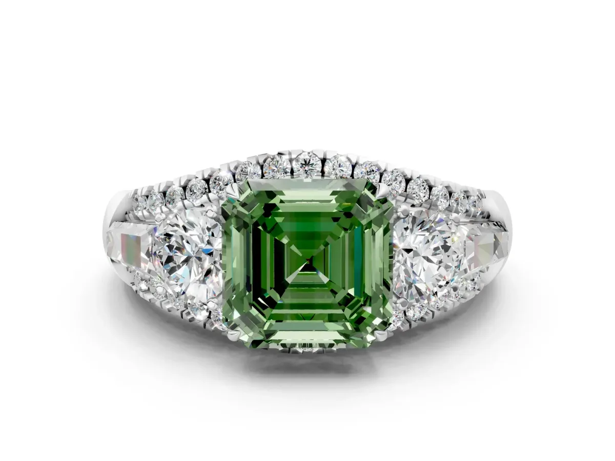Fancy Green Three-Stone Asscher Cut Diamond Engagement Ring with Pave Band and Prong Setting Platinum