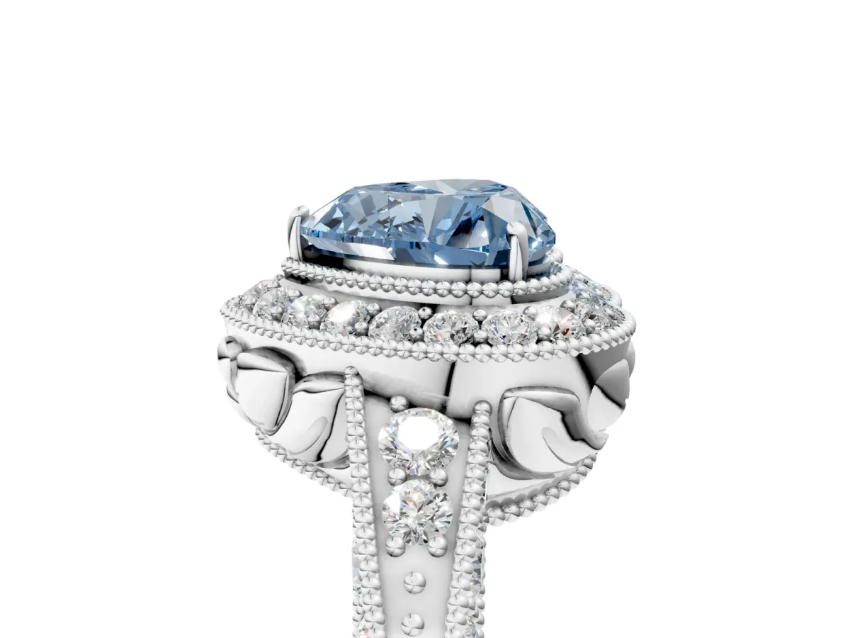 Fancy Blue Heart Cut Halo Diamond Split Shank Ring with Milgrain Detail Platinum