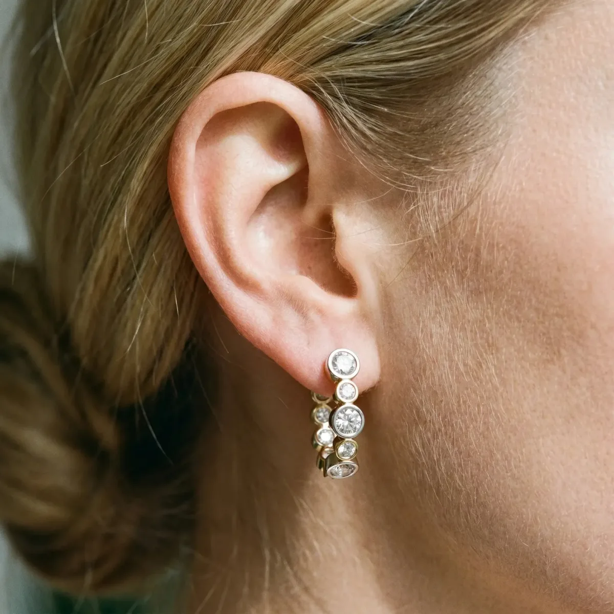 Channel-Set Round Diamond Two-Tone Hoop Earrings with Claw Prong Setting Silver
