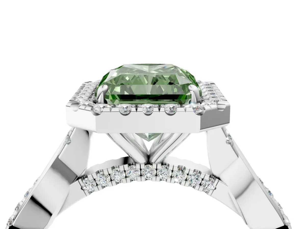 Fancy Green Radiant Cut Halo Twist Band Solitaire Ring Platinum