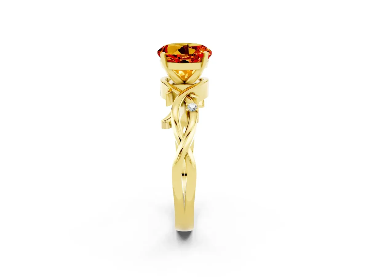 Round Cut Citrine Solitaire Ring with Twisted Band and Prong Setting Yellow gold