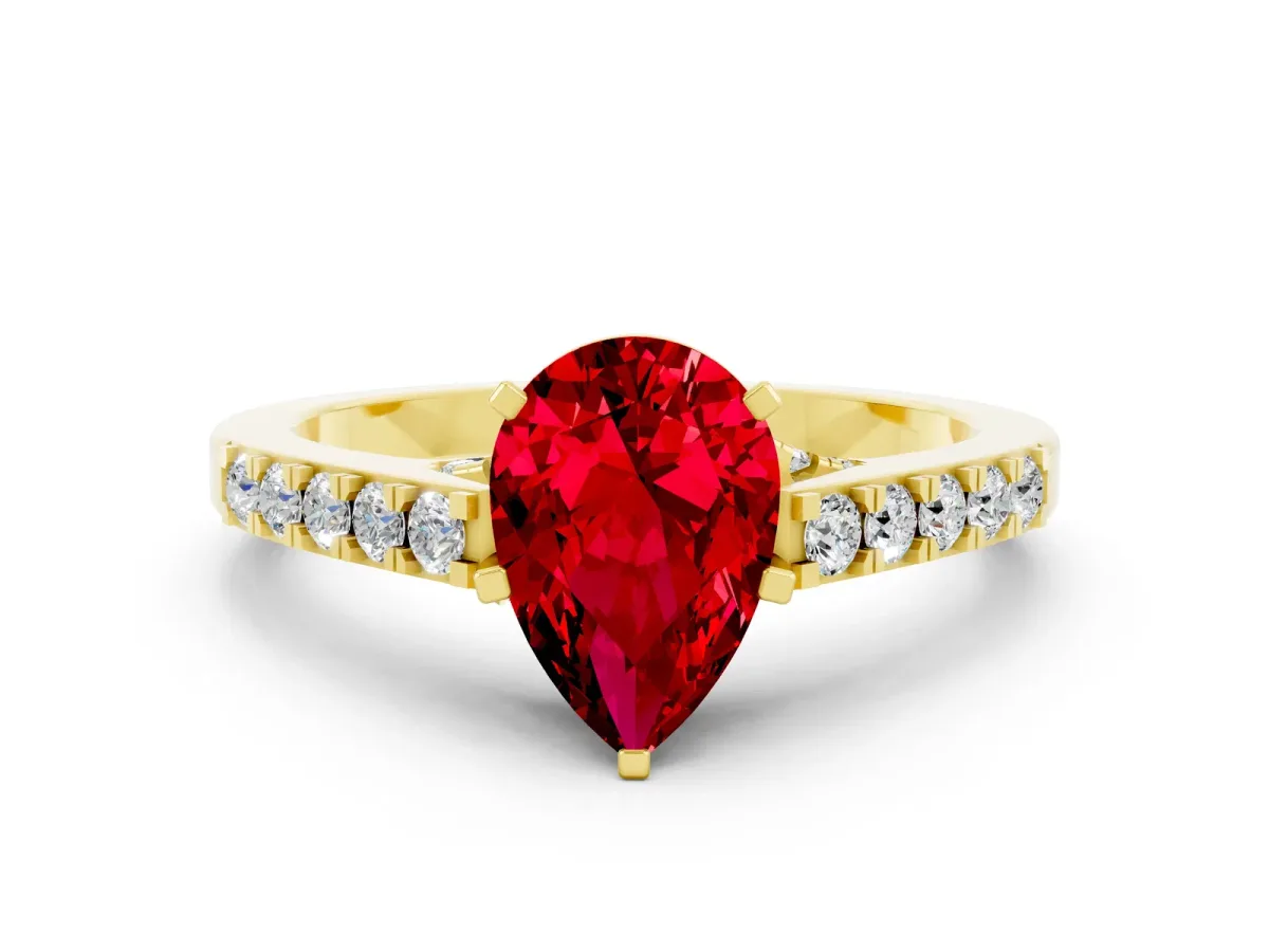 Pear Cut Ruby Solitaire Ring with Crossover Gallery and Round Pavé Band Yellow gold