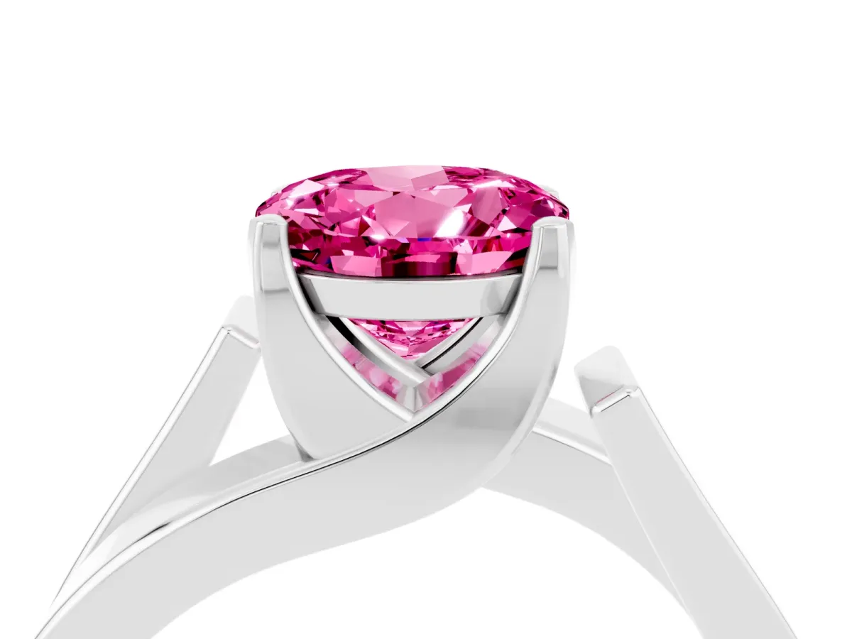 Modern Tension Set Round Cut Pink Sapphire Solitaire Wide Band Ring Silver