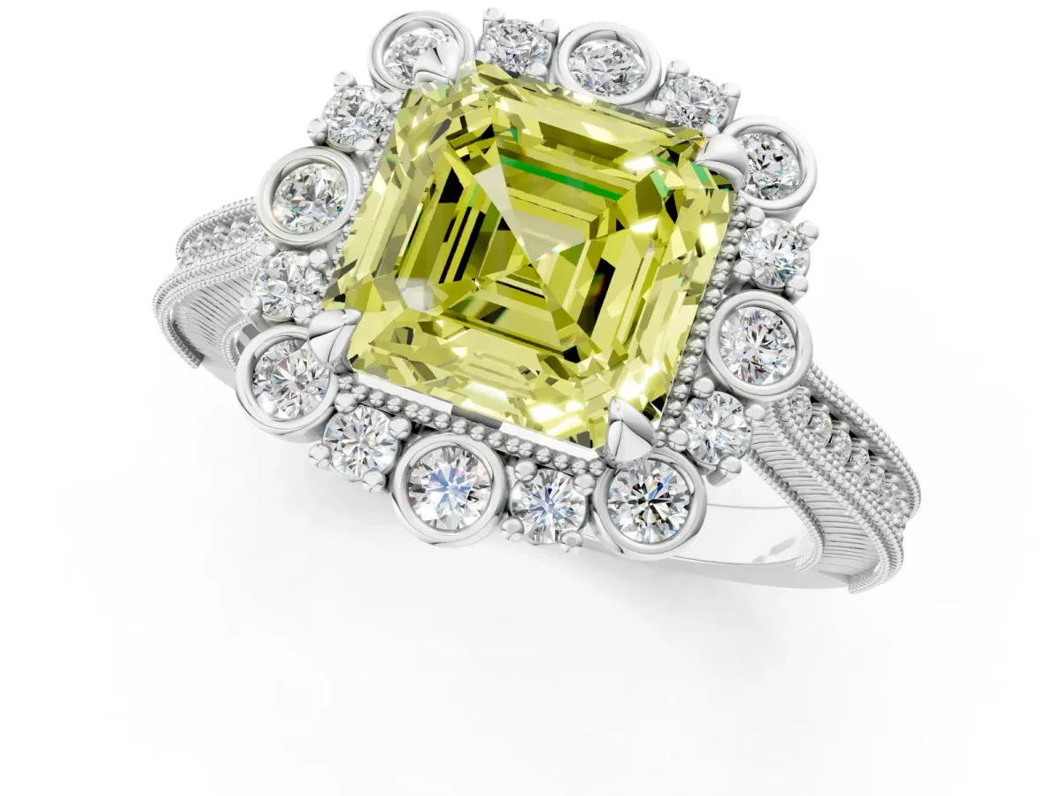 Fancy Yellow Asscher Cut Halo Milgrain Pave Diamond Ring with Four-Prong Setting Platinum