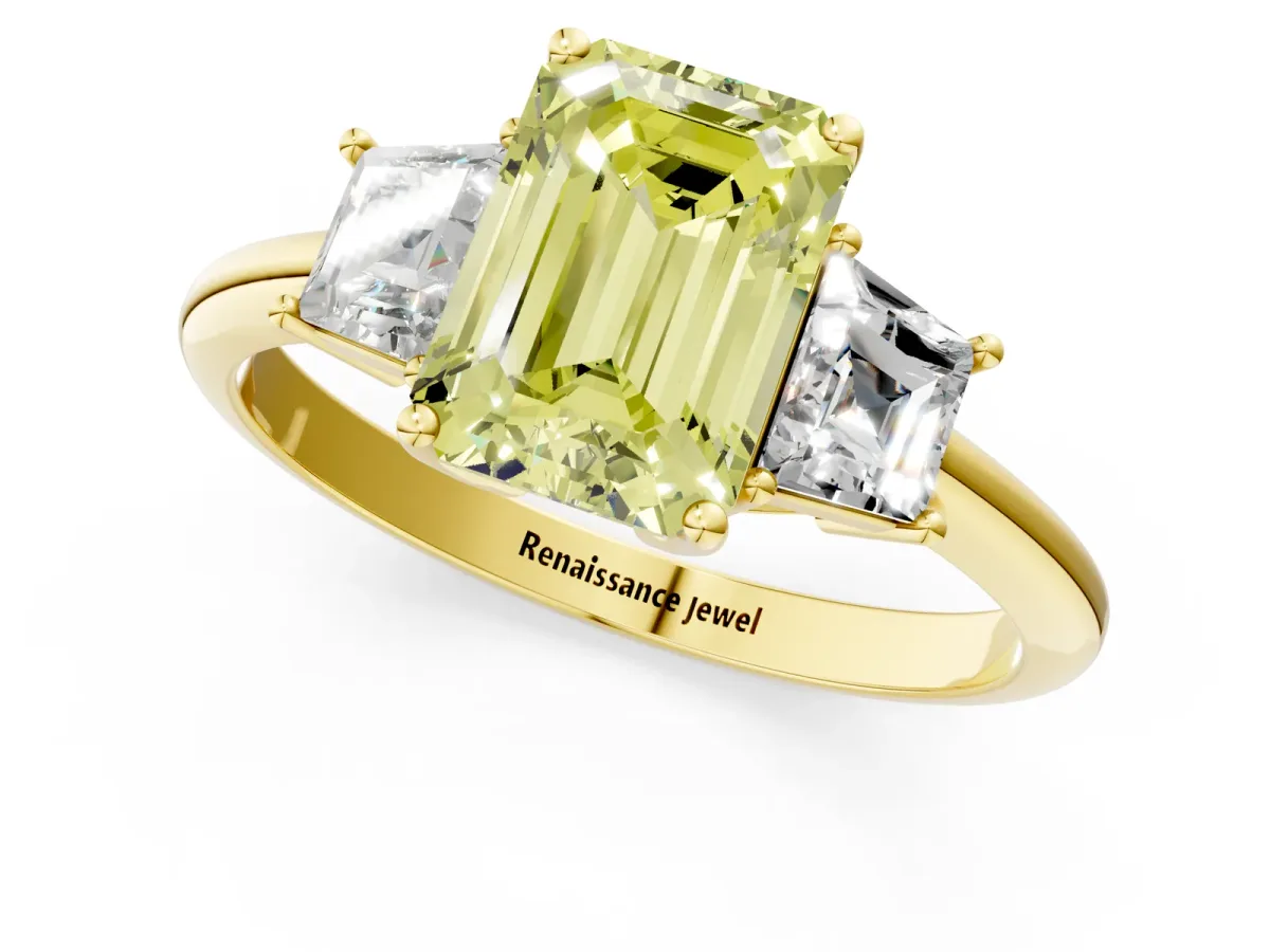 Fancy Yellow Emerald Cut Diamond Three-Stone Ring with Trapezoid Side Stones and Prong Setting Yellow gold