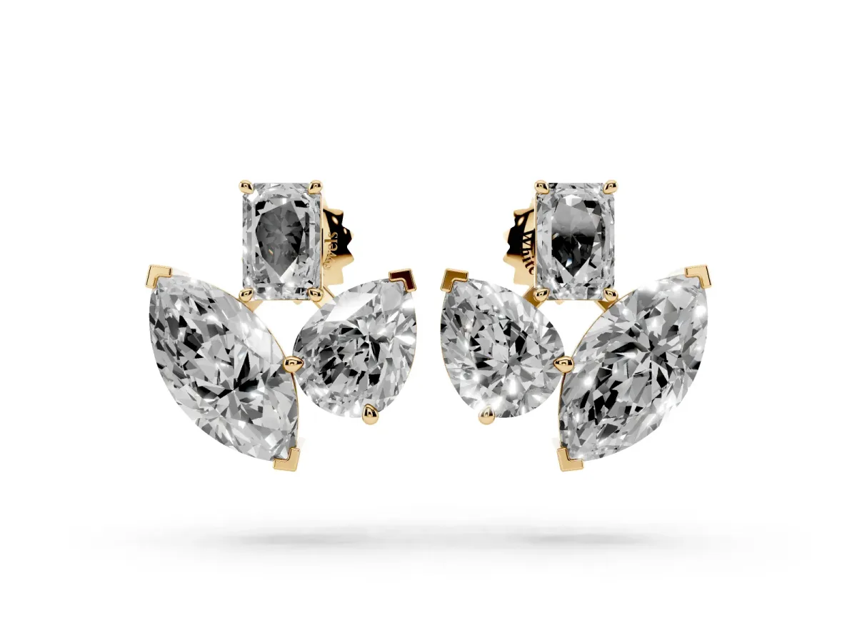 Emerald, Marquise and Pear Diamond Mosaic Three Stone Fan Earrings Yellow gold