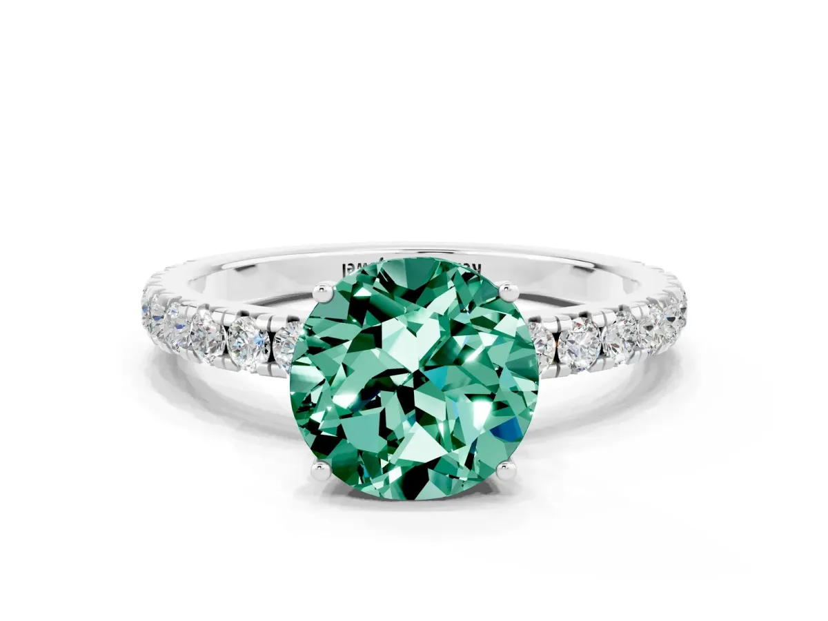 Round Cut Green Sapphire Pavé Solitaire Engagement Ring with Four-Prong Setting Silver