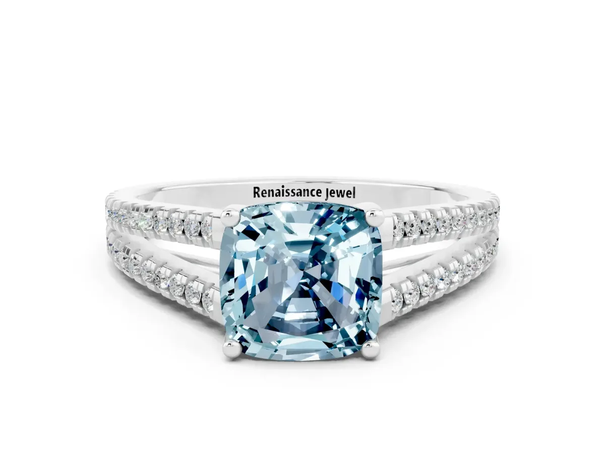 Cushion Cut Aquamarine Solitaire Engagement Ring with Split Shank Pavé Band Silver