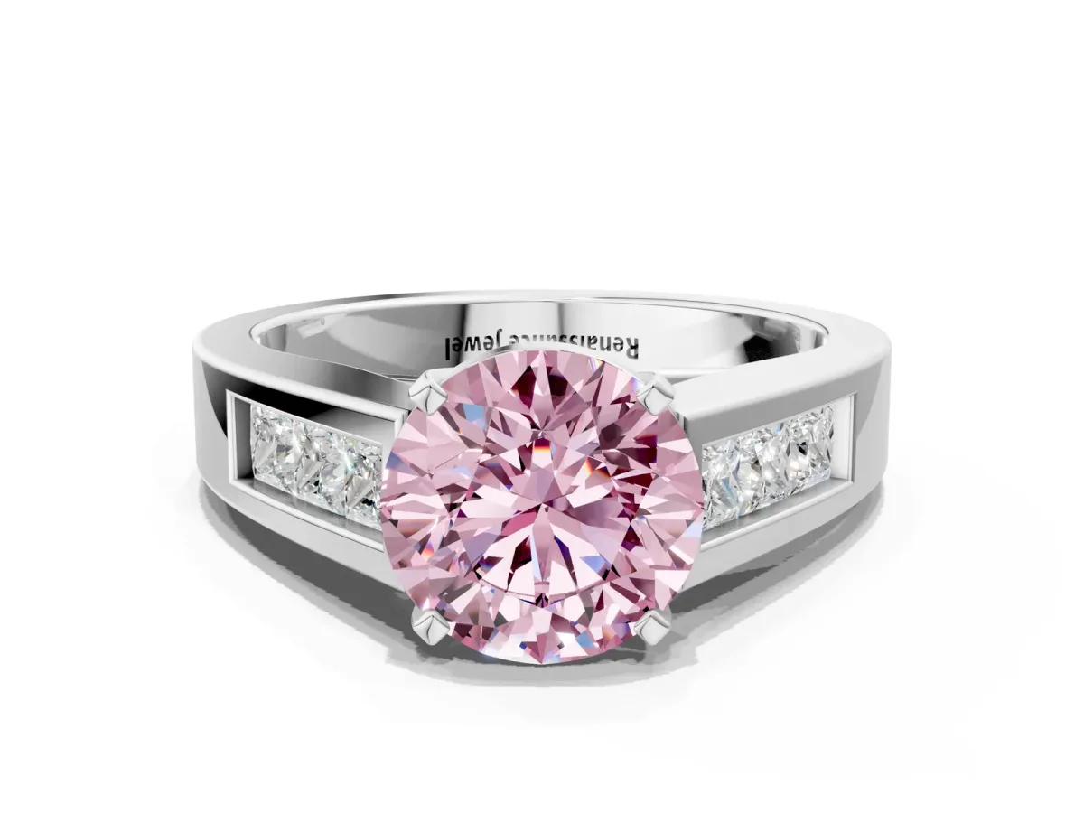 Fancy Pink Round Cut Cut Channel Set Solitaire Ring with Four-Prong Setting Platinum