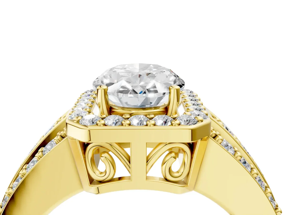 Oval Cut Halo Diamond Ring with Round Split Shank and Prong Setting Yellow gold
