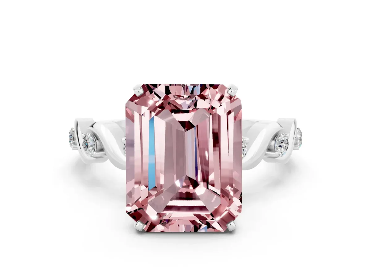 Emerald Cut Morganite Solitaire Twisted Band with Round Accents and Prong Setting Silver