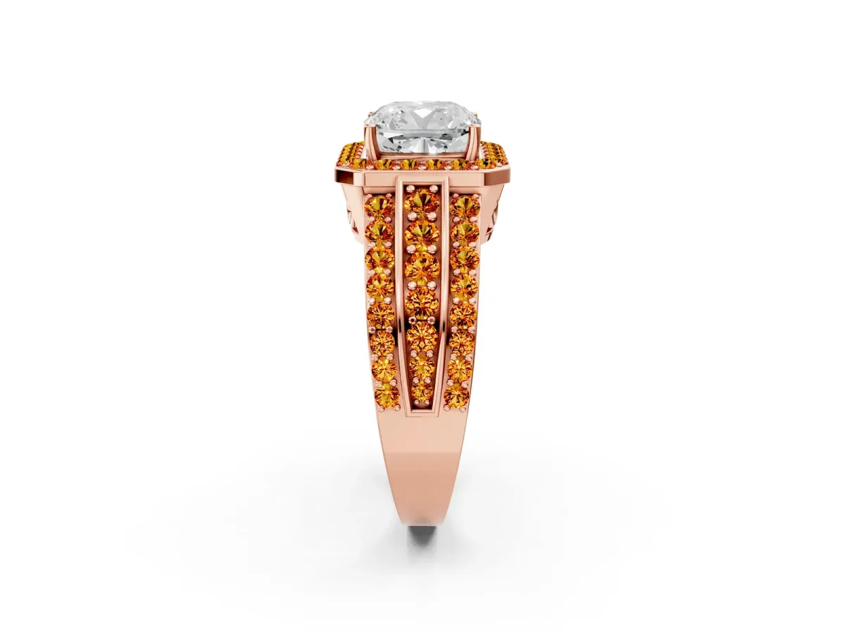 Cushion Cut Halo Diamond Ring with Round Citrine Split Shank and Prong Setting Rose gold
