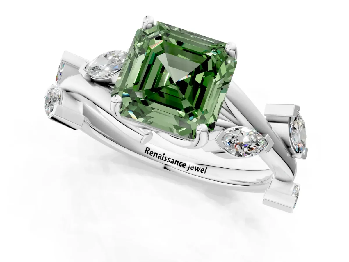 Fancy Green Asscher Cut Solitaire Twisted Band Marquise Accent Prong Setting Ring Platinum