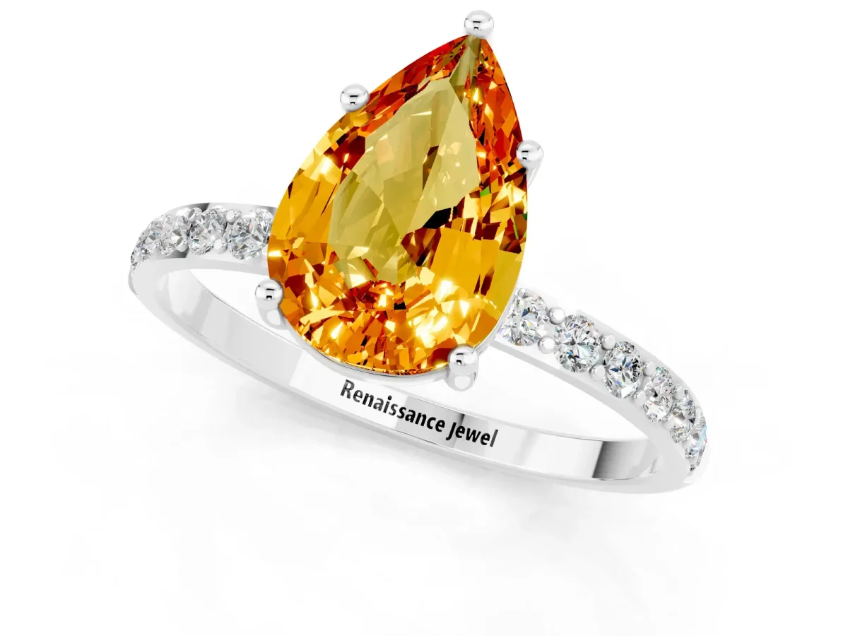 Pear Cut Citrine Solitaire Ring with Round Pavé Band and Prong Setting Platinum