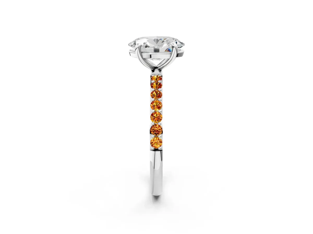 Oval Cut Diamond Solitaire Ring with Round Citrine Pavé Band and Prong Setting Silver