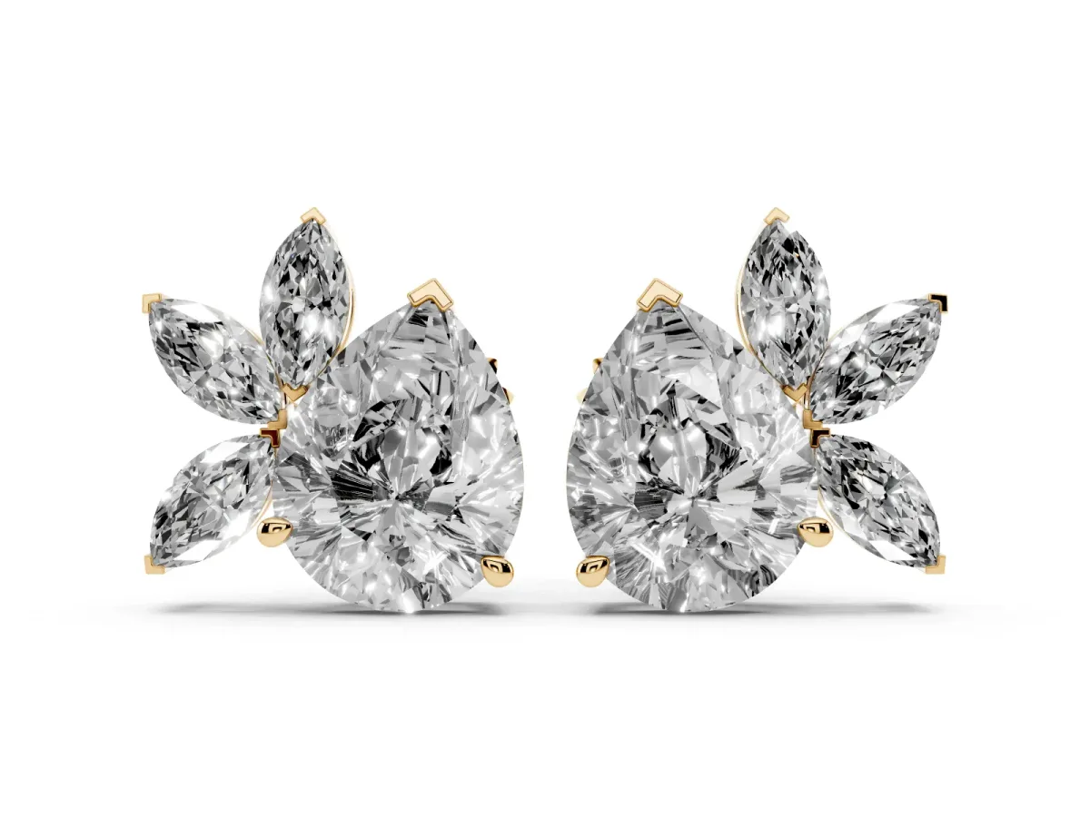 Pear Diamond Fan Stud Earrings with Marquise Lab Grown Diamond Accents Yellow gold